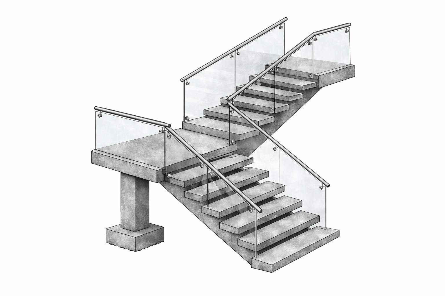 Modern concrete staircase with glass railing